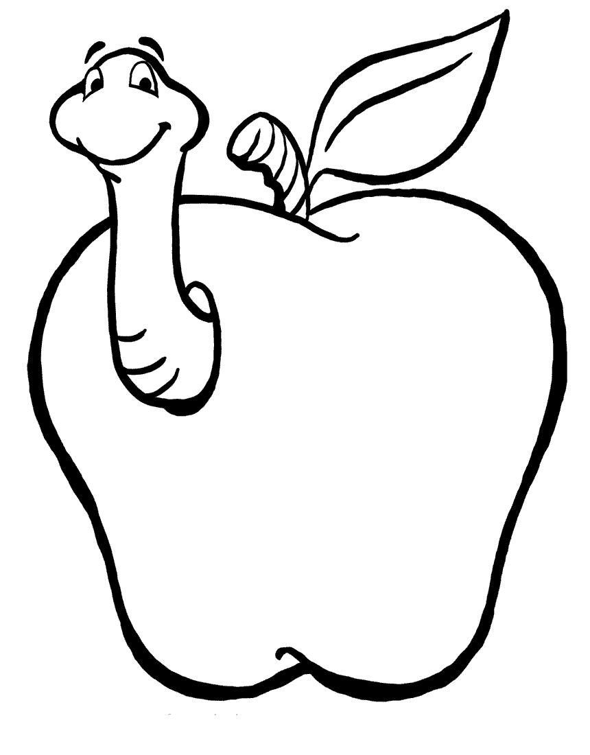 Desenho de Minhoca Morando em Maçã para Colorir