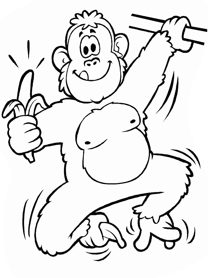 Desenho de Macaco Balançando em Galho e Comendo Banana para Pintar