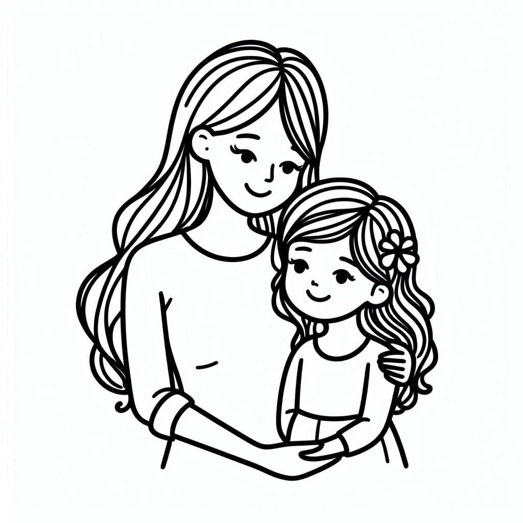 Desenho de Mãe e Filha Alegres para Colorir