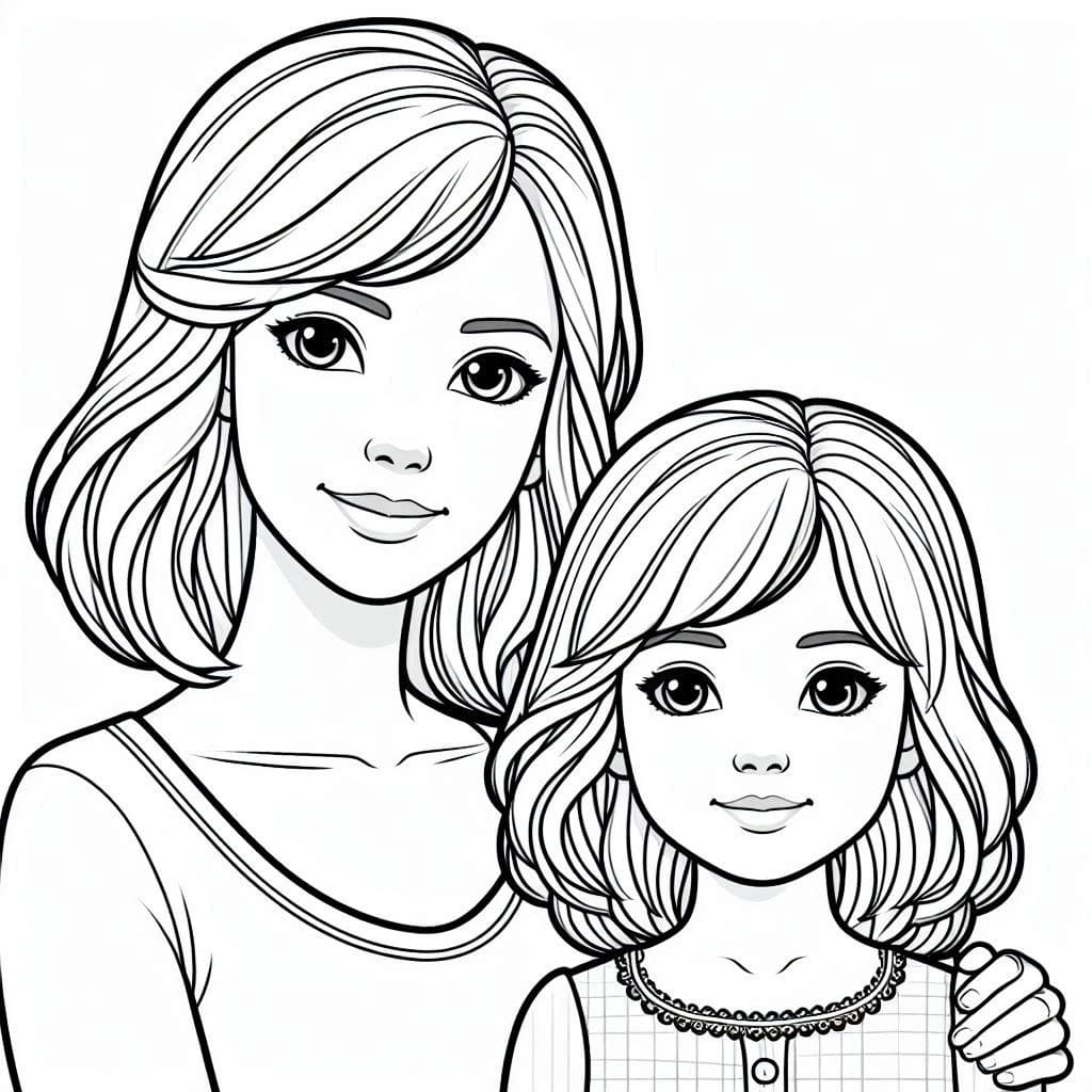 Desenho de Mãe e Filha Fofas para Colorir