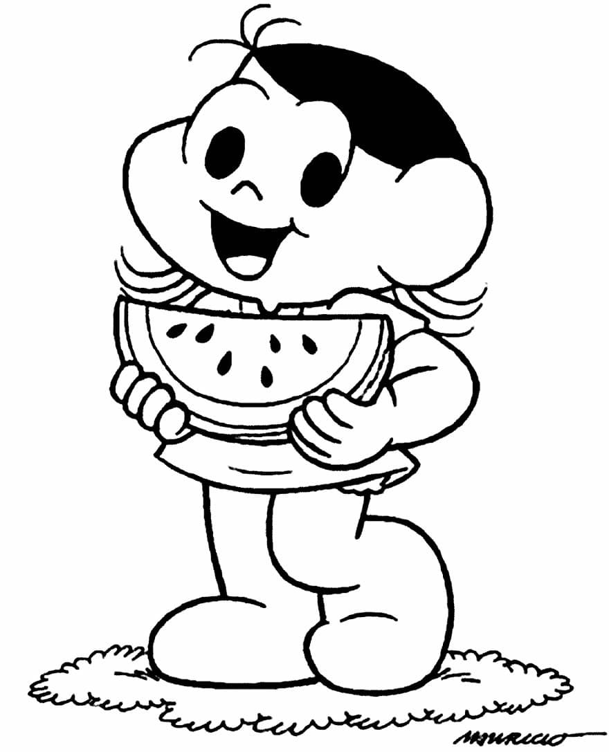 Desenho de Feliz Magali com Melancia para Colorir