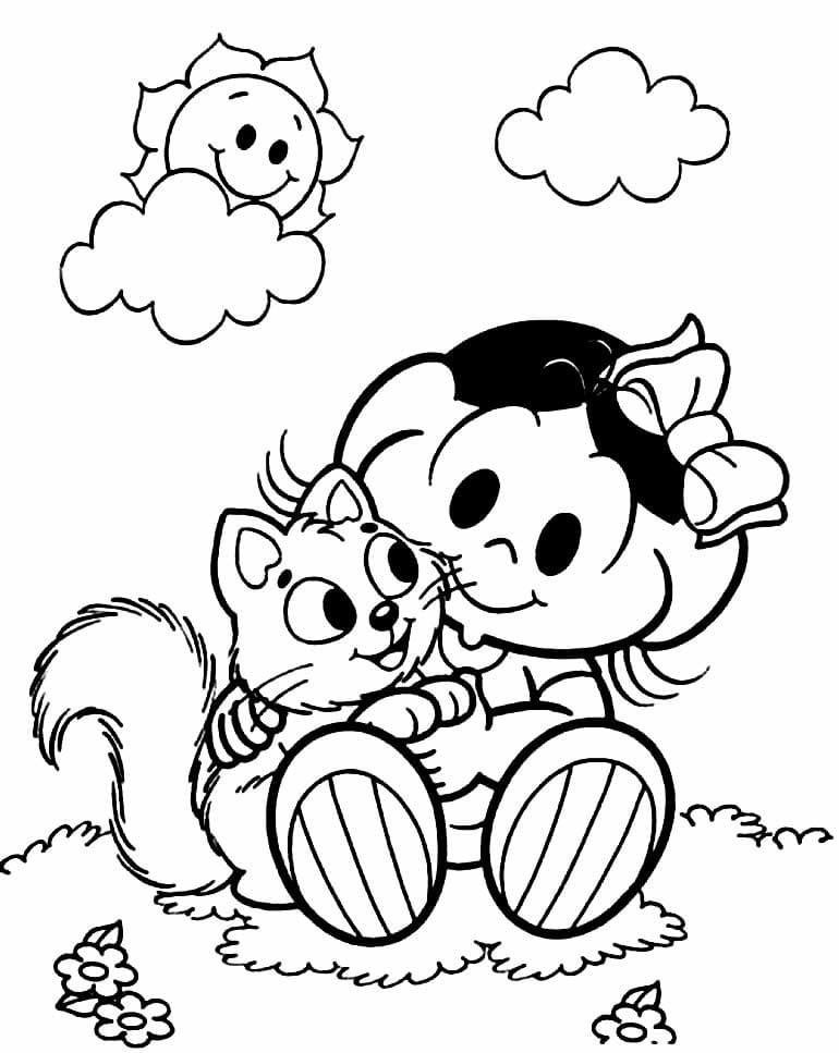 Desenho de Magali com Gatinha para Colorir