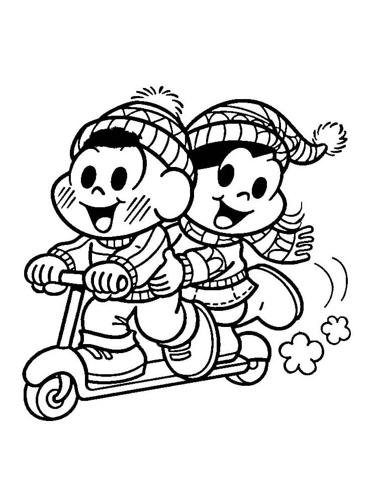 Desenho de Magali e Cascão Andando de Patinete para Colorir