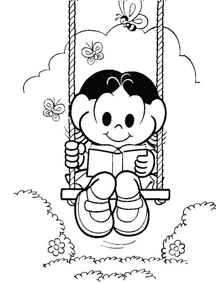 Desenho de Magali Lendo um Livro no Balanço para Colorir