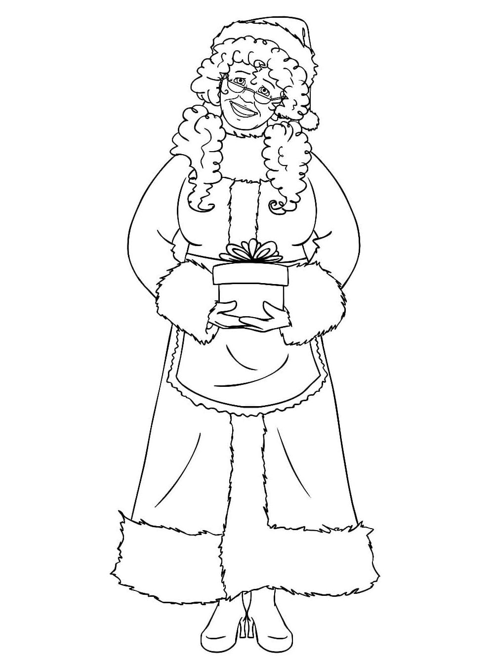 Desenho de Mamãe Noel e Presente para Colorir