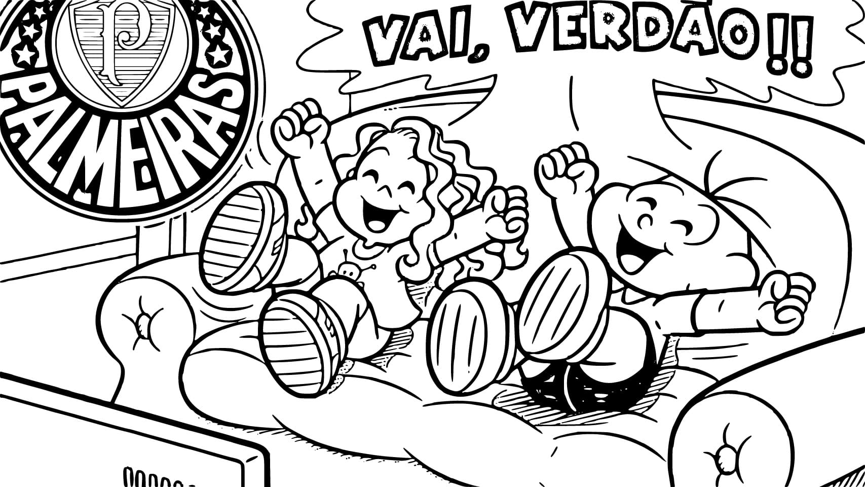 Desenho de Marina com Cebolinha Assisitndo Jogo do Palmeiras para Colorir