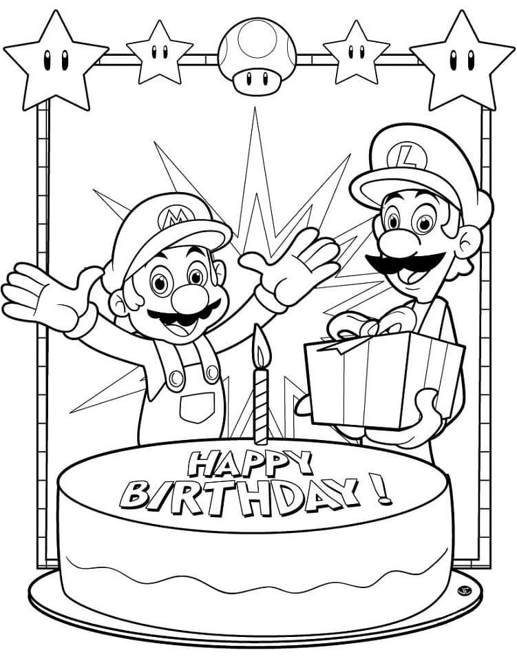 Desenho de Mário e Luigi Bolo de Aniversário para Colorir