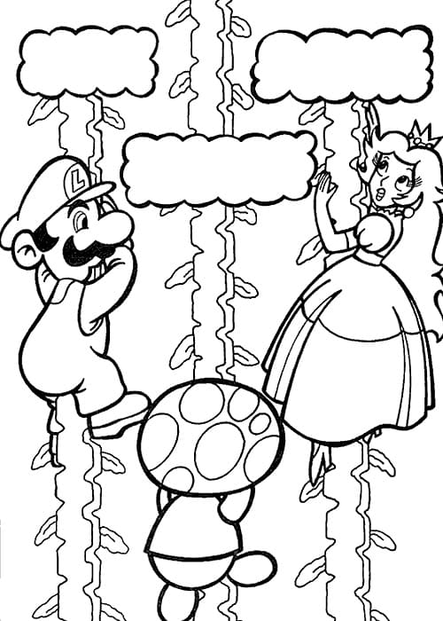 Desenho de Mário Toad e Peach em Escalando Árvore para Colorir