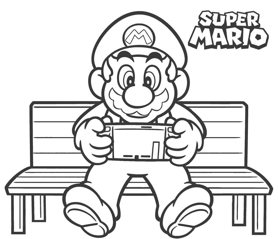 Desenho do Mário Sentado no Banco Jogando Game Boy para Colorir