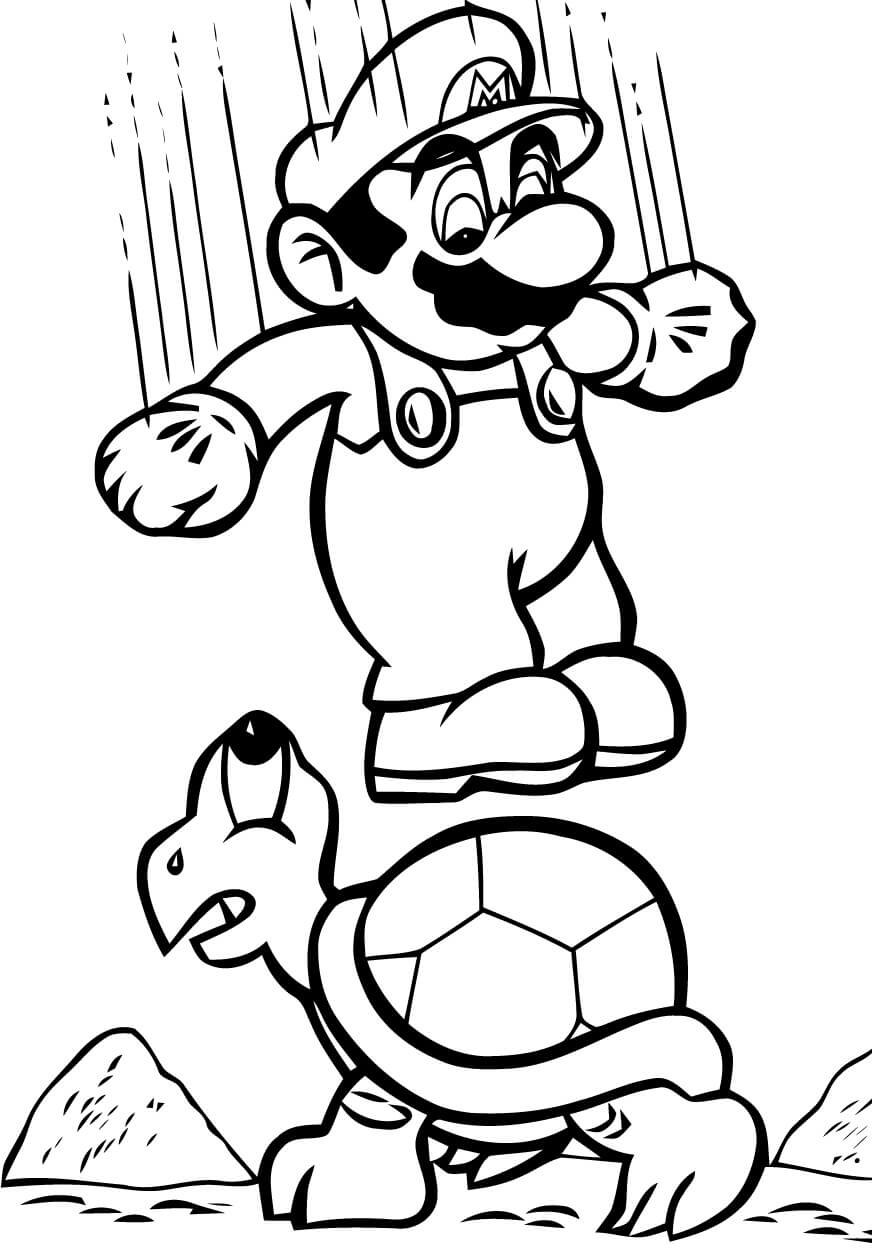 Desenho do Super Mário Pulando em Tartaruga para Colorir