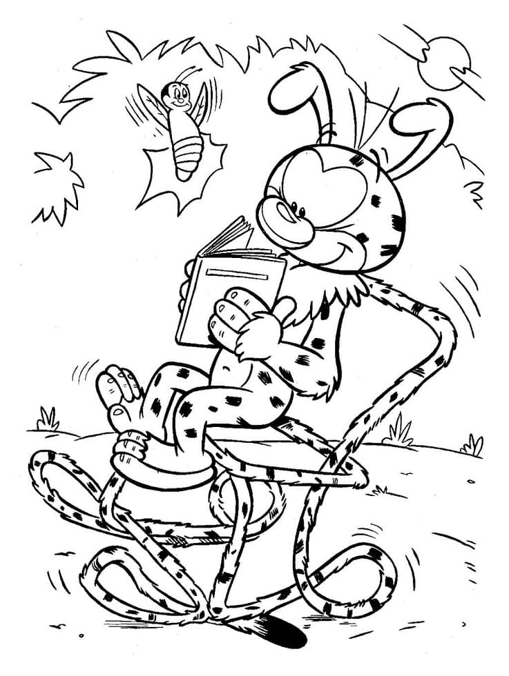 Desenho de Marsupilami Lendo Livro no Jardim para Colorir Crianças