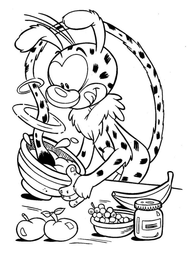 Desenho Imprimivel de Marsupilami Comendo Frutas para Colorir