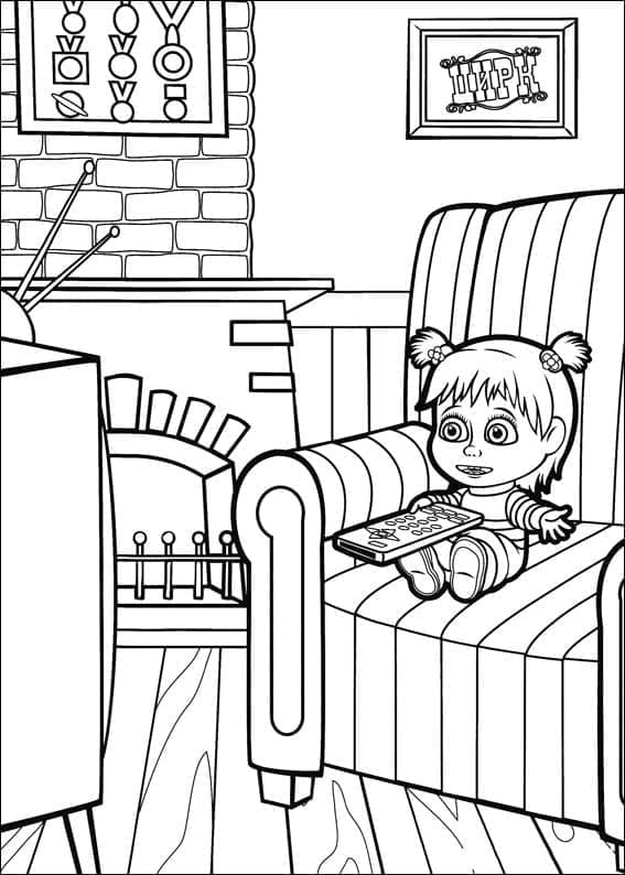 Desenho de Masha Assiste Tv para Colorir