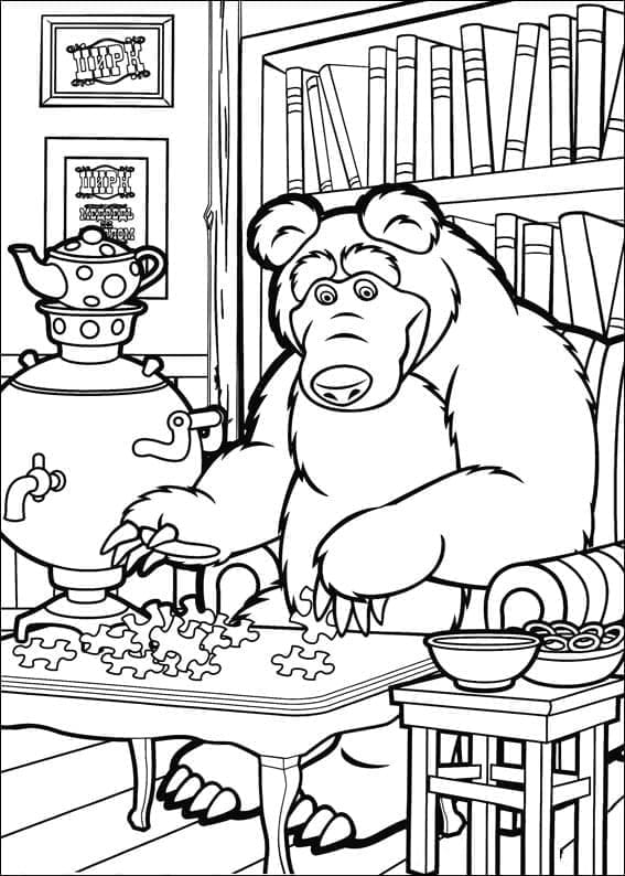 Desenho de Masha com Urso para Colorir