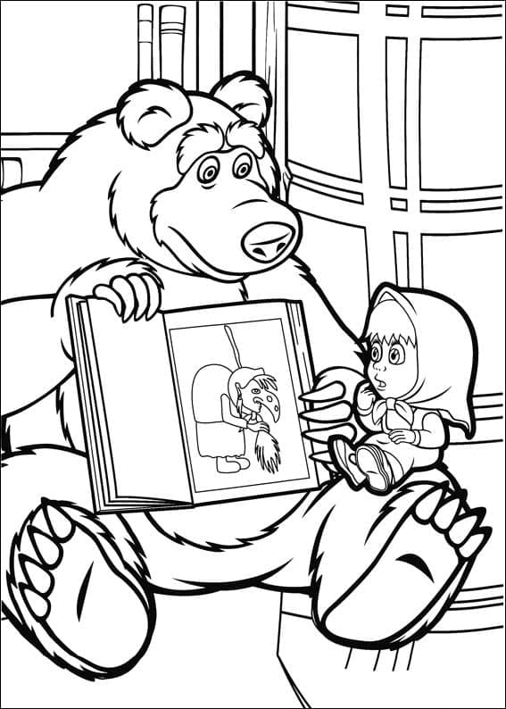Desenho de Masha e o Urso Leram Livro para Colorir