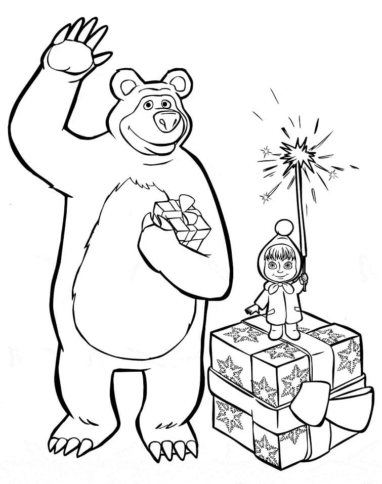 Desenho de Masha e o Urso Presente de Aniversário para Colorir