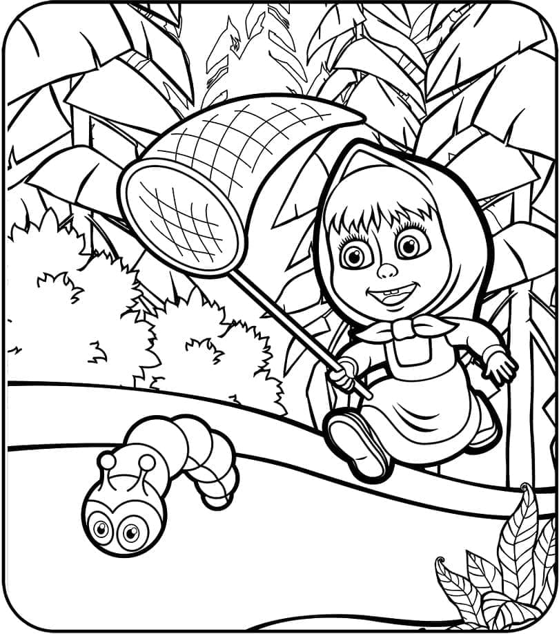 Desenho de Masha Está Pegando Minhoca para Colorir
