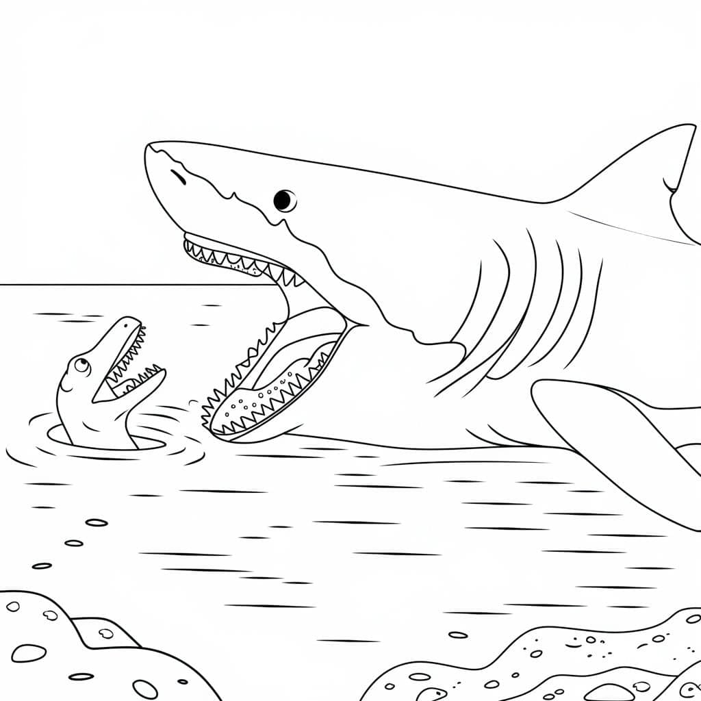 Desenho de Megalodon com Dinossauro para Colorir