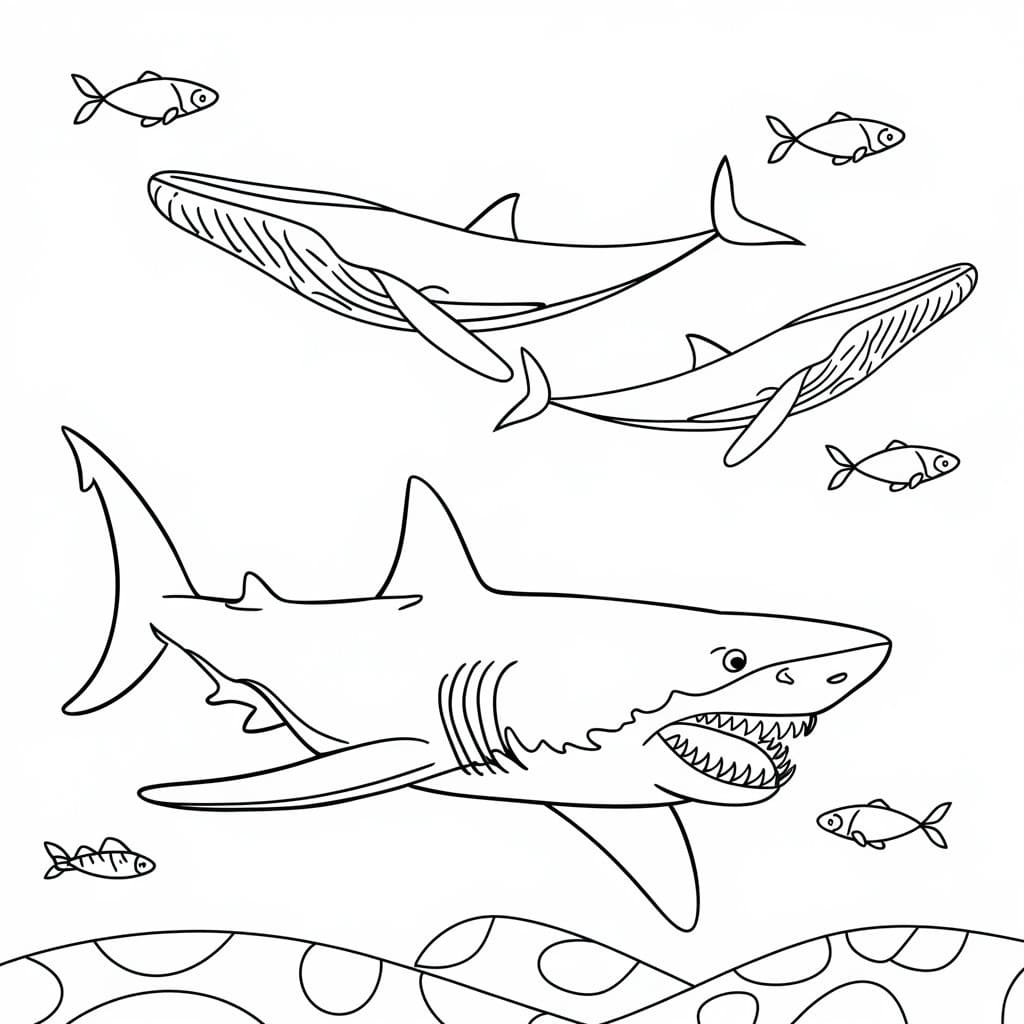 Desenho de Megalodon e Baleias para Colorir