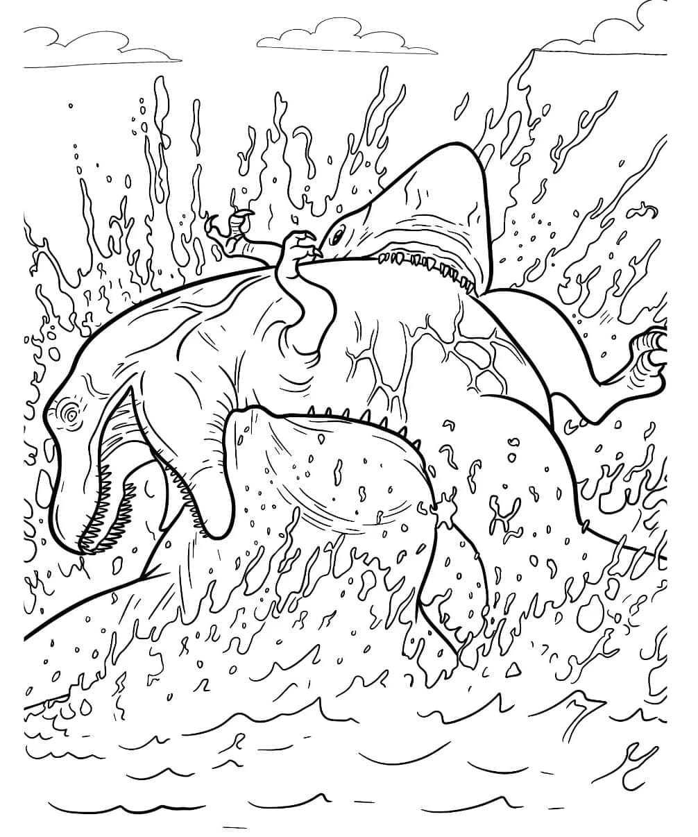 Desenho de Megalodon e Dinossauro para Colorir