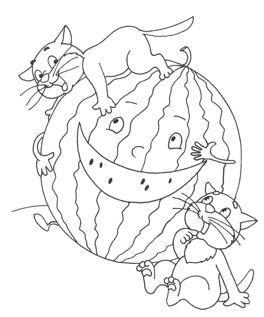 Desenho de Gatos e Melancia para Colorir