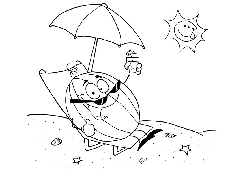 Desenho de Melancia Descansando na Praia para Colorir