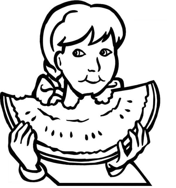 Desenho de Menina Comê Melancia para Colorir