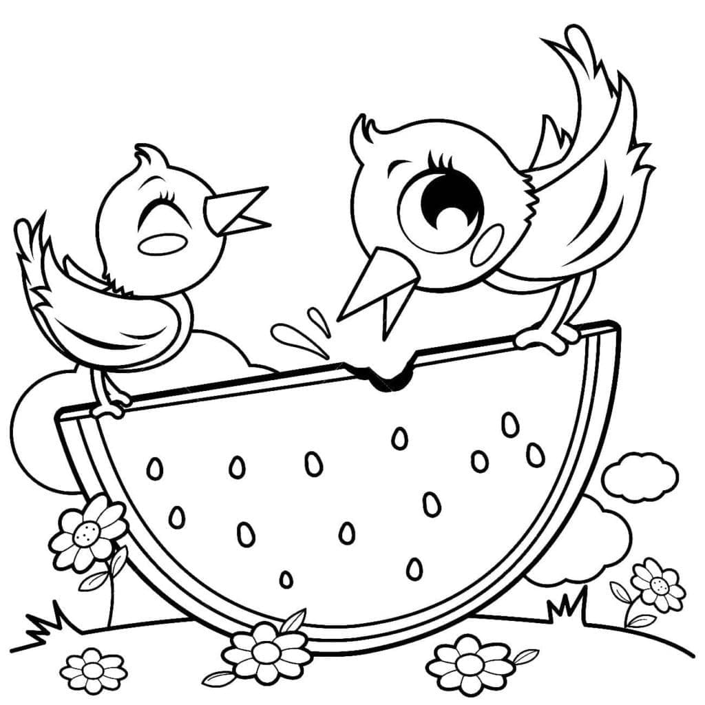 Desenho de Pássaros Comem Melancia para Colorir