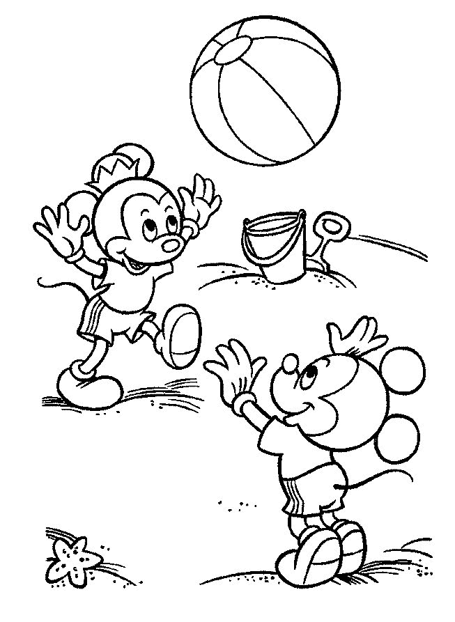 Desenho de Mickey Mouse na Praia para Imprimir e Colorir Pdf