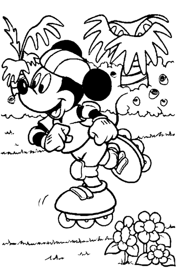 Desenho de Mickey Mouse Patinando no Parco para Colorir com Lápis de Cor Imprimivel