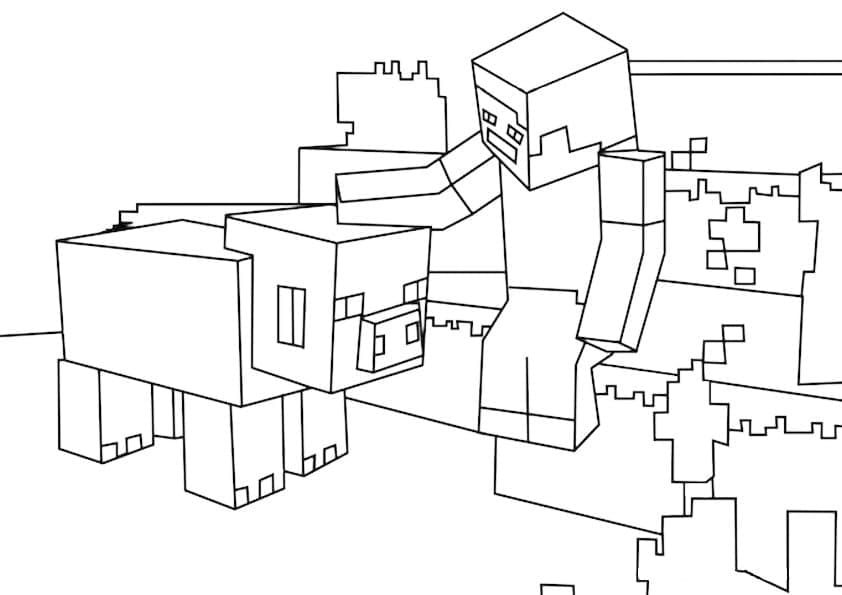 Desenho de Steve e Porco Minecraft para Colorir