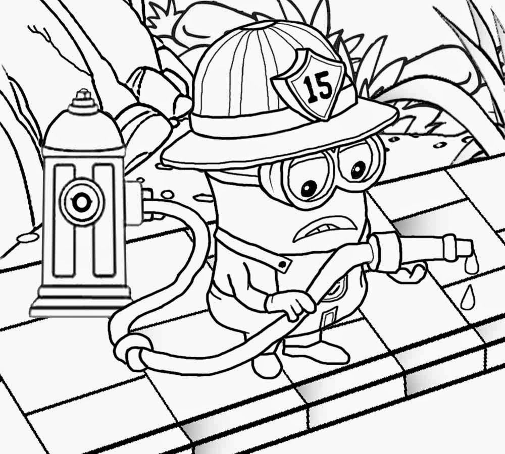 Desenho de Bombeiro Minions Apagando Incêndio para Colorir