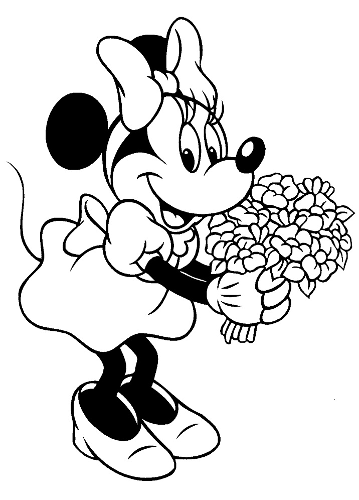 Desenho da Minnie Mouse Disney com Flores na Mão para Colorir