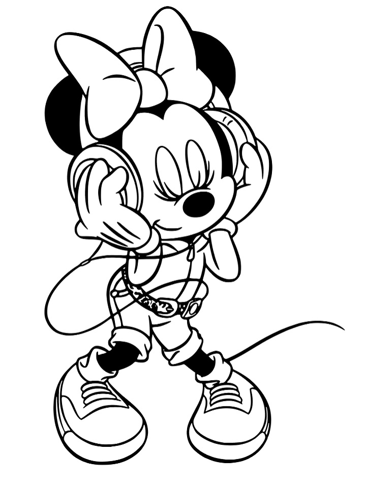 Desenho da Minnie Mouse Ouvindo Música no Fone para Colorir