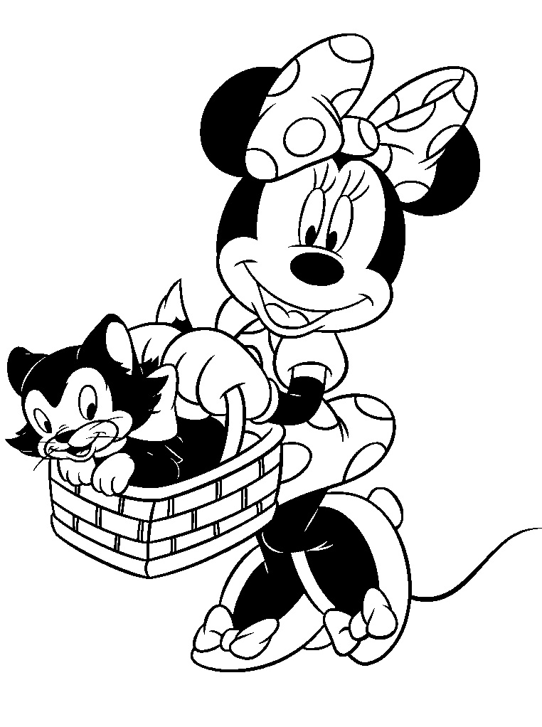 Desenho de Minnie Mouse Passeando com Lindo Gatinho para Colorir