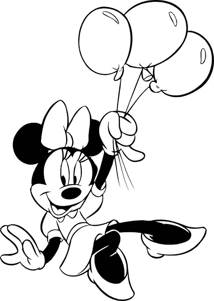 Desenho de Minnie Mouse Segurando Balões de Aniversário para Colorir