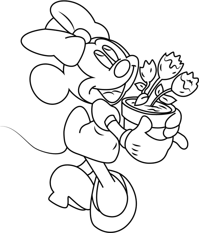 Desenho Minnie com Vaso de Flores para Colorir