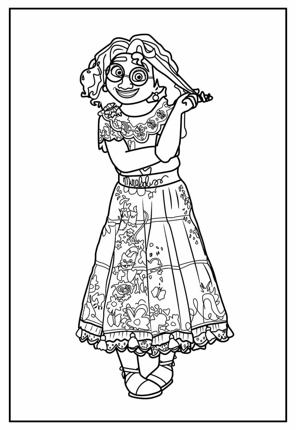 Desenho em Moldura da Mirabel Madrigal com Lindo Vestido para Colorir