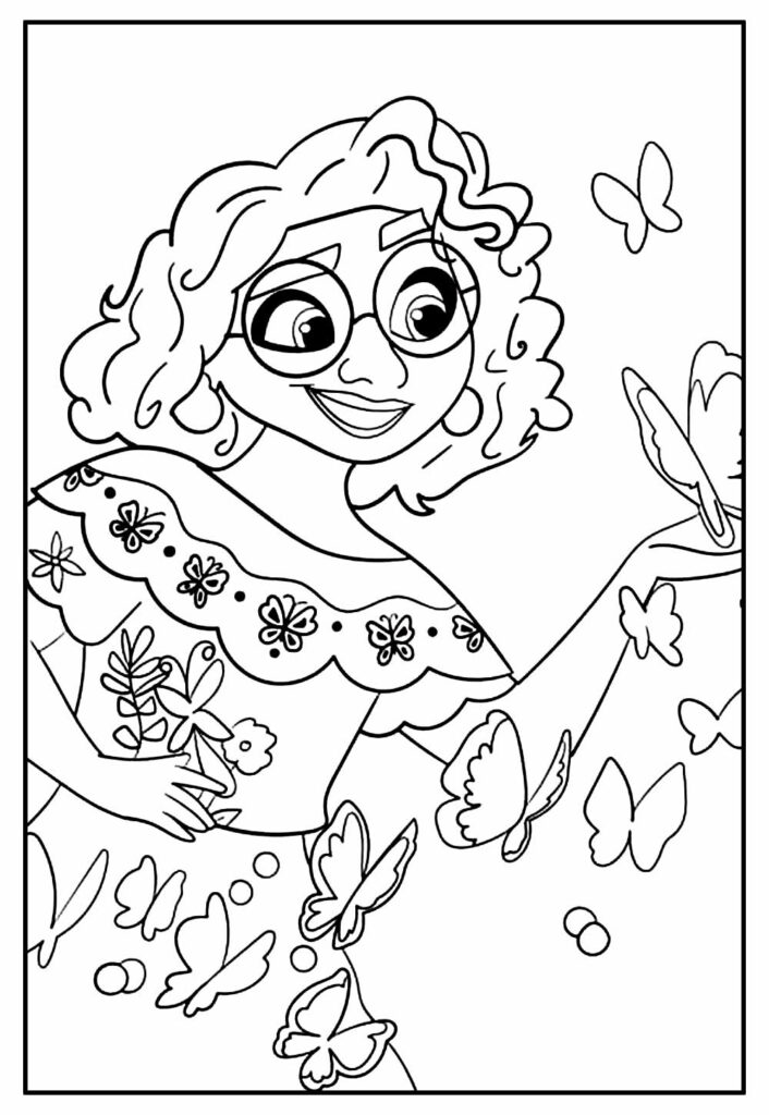 Desenho Pdf da Mirabel Madrigal com Lindas Borboletas para Colorir