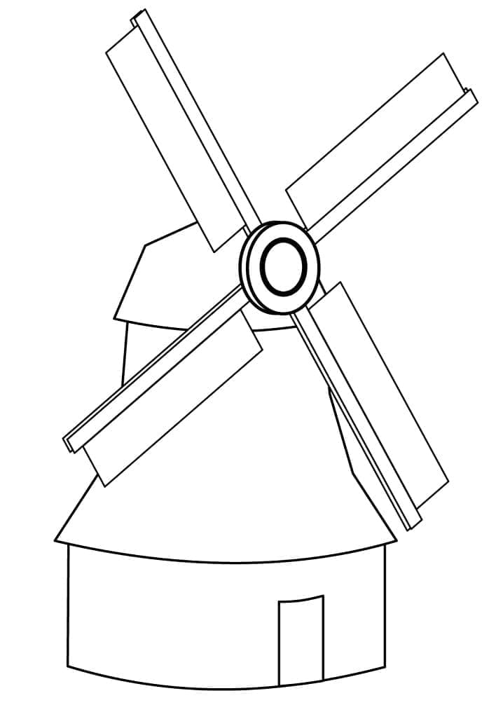 Desenho de Moinho de Vento com Árvores para Colorir