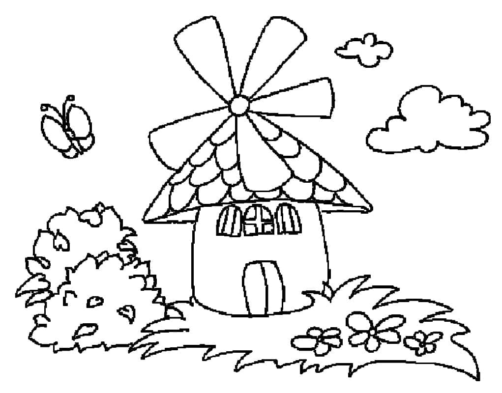 Desenho de Moinho de Vento com Flores para Colorir
