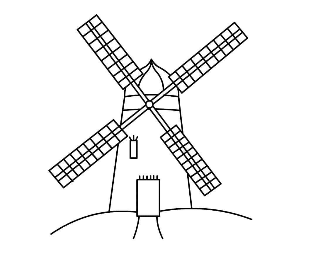 Desenho de Moinho de Vento com Paisagem para Colorir