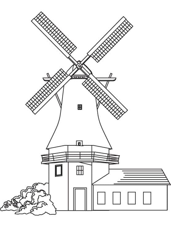 Desenho de Moinho de Vento com Portá para Colorir