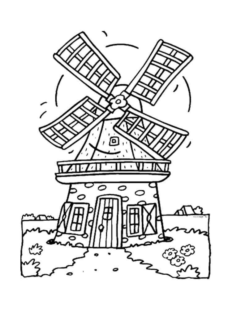 Desenho de Moinho de Vento com Sol para Colorir