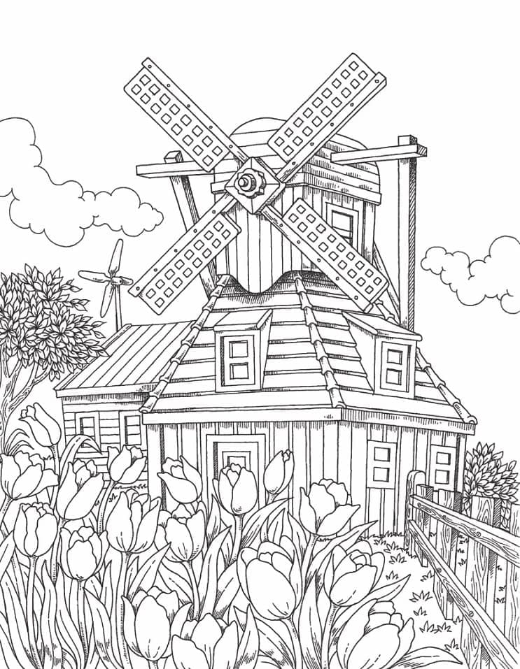 Desenho de Moinho de Vento Divertido para Colorir