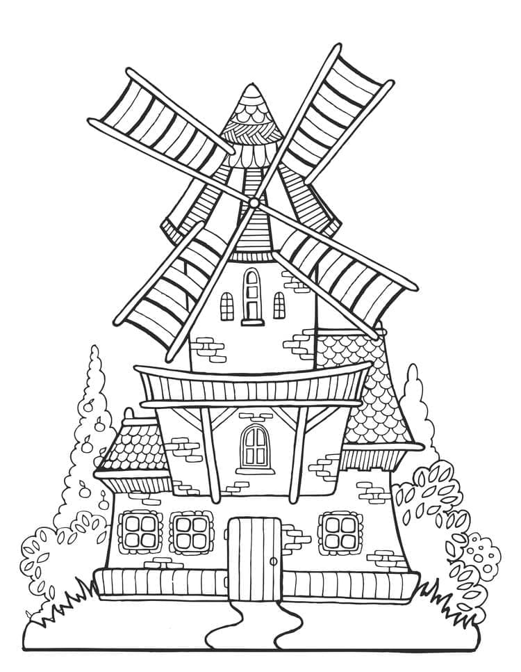 Desenho de Moinho de Vento no Céu para Colorir