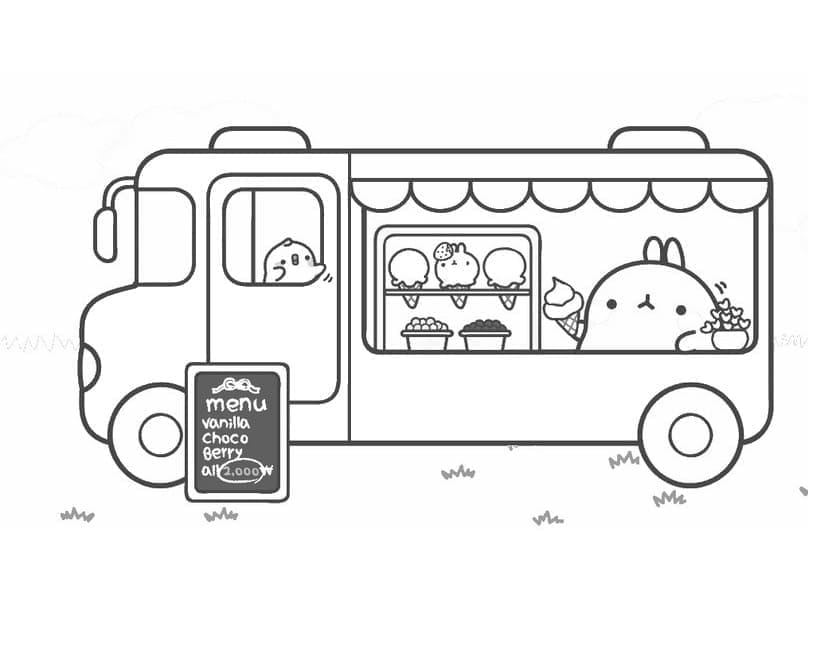 Desenho de Molang com Caminhão de Sorvete para Colorir