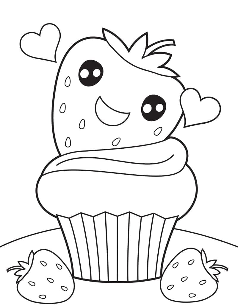 Desenho de Cupcake de Morango Kawaii para Colorir