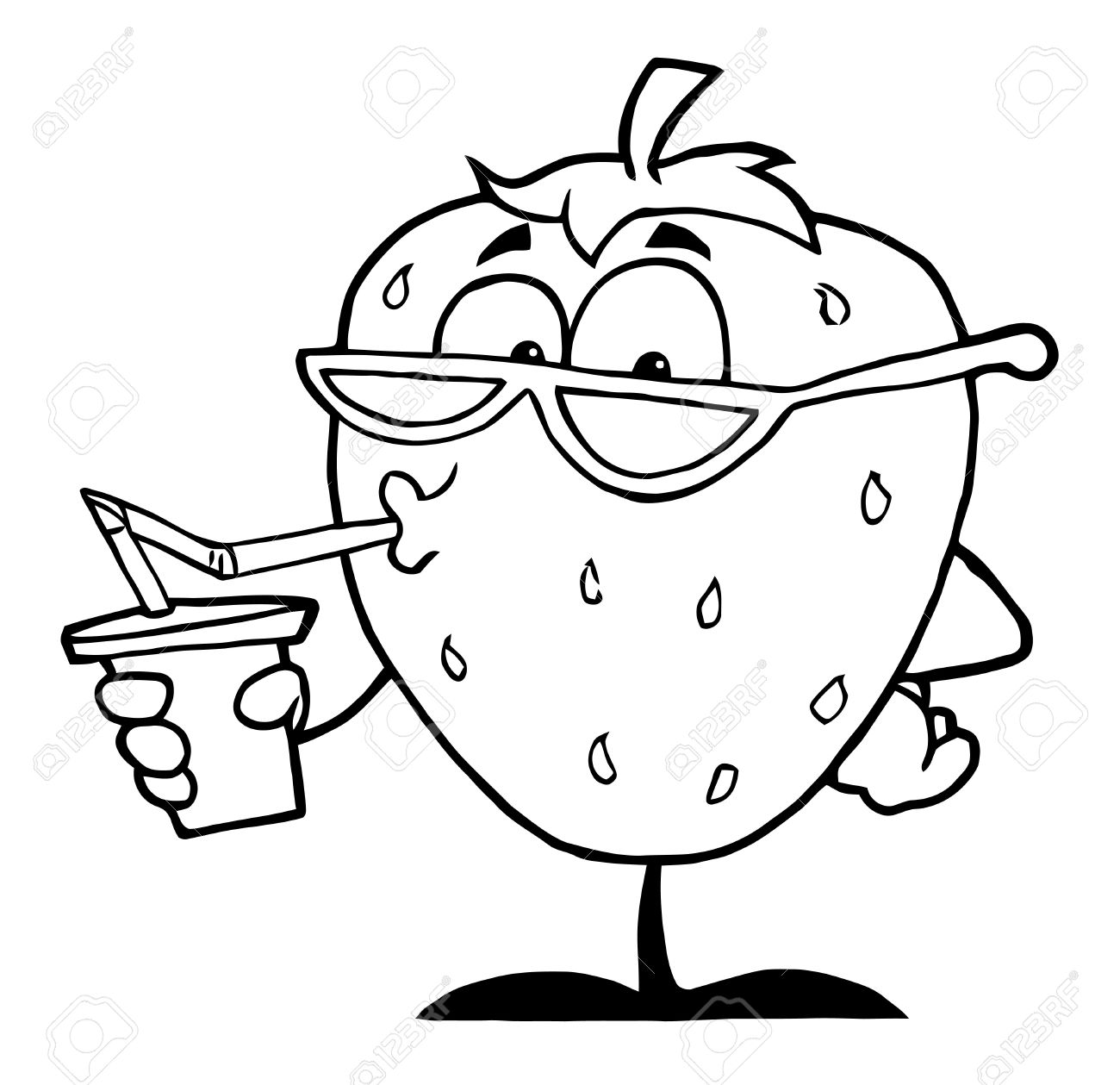 Desenho de Morango Estiloso Bebendo Suco para Colorir Grátis