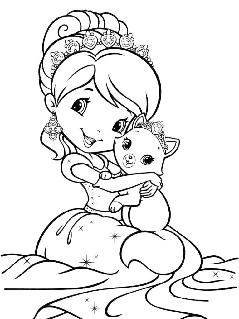 Desenho de Moranguinho e Gatinha para Colorir